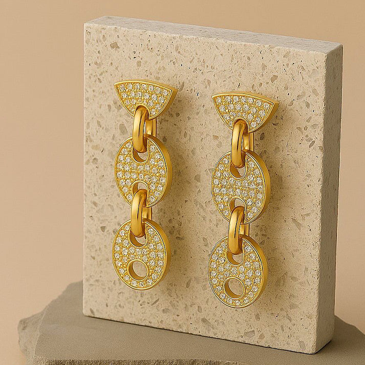 Gold Link Drop Earrings with Pave Crystal Disc Design