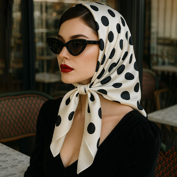 Silky White Satin Wrap with Black Polka Dots for Elegance