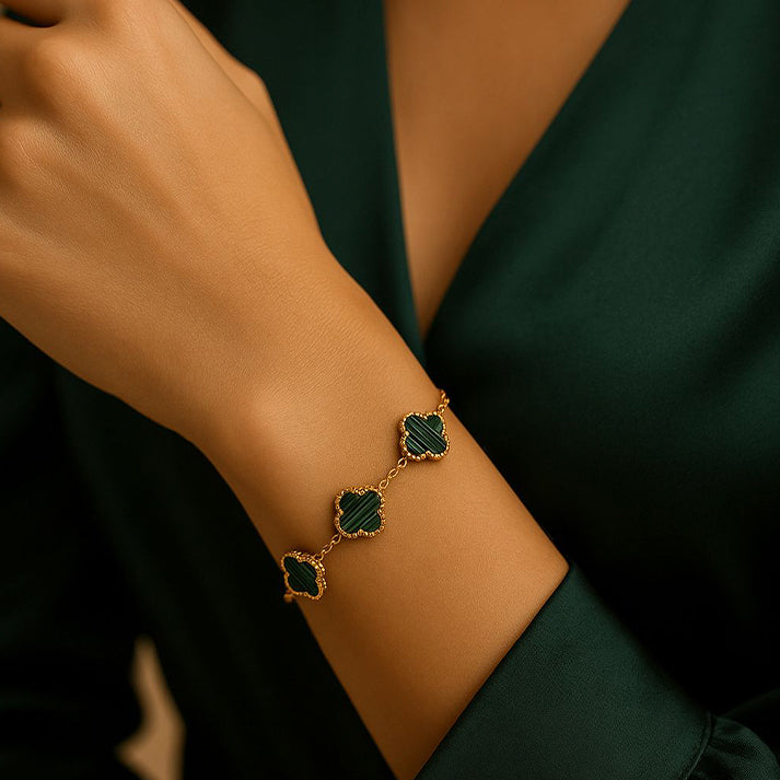Gold Clover Charm Bracelet with Green Stone