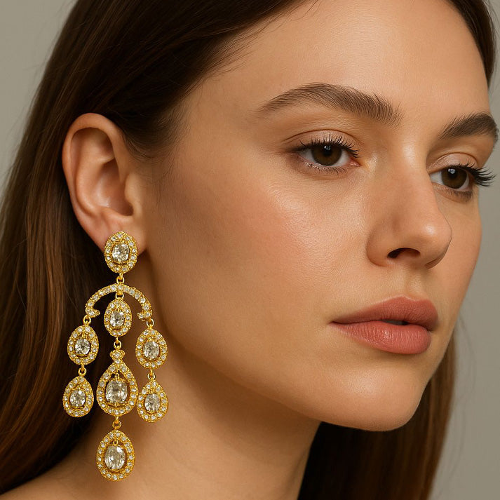 Gold Plated Chandelier Earrings with Sparkling Stones