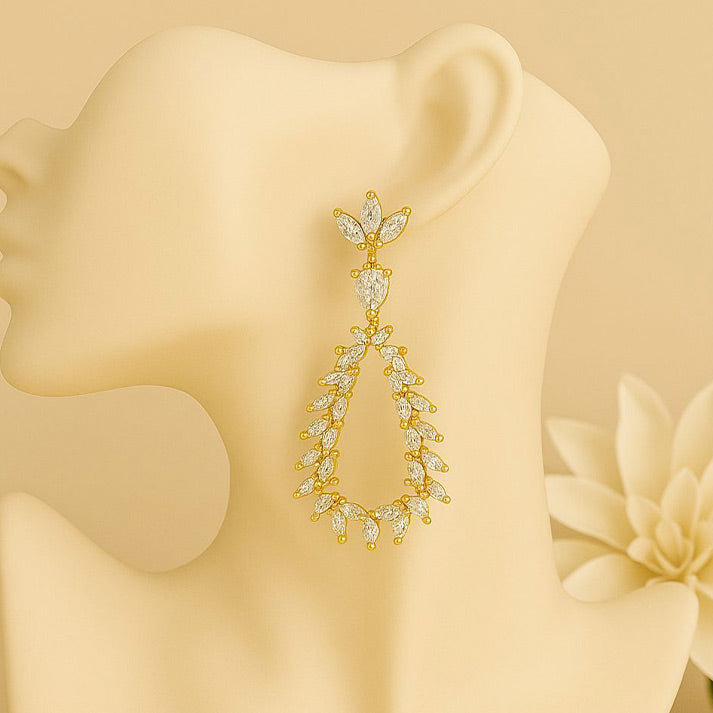 Elegant Leaf Design Gold Drop Earrings with Crystals