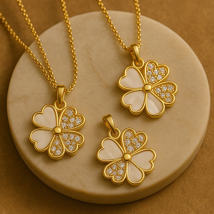 Gold Clover Pendant Necklace – Lucky Charm with Crystals