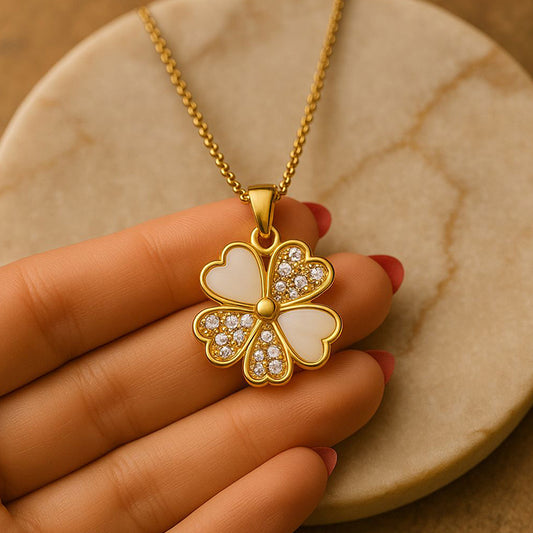 Gold Clover Pendant Necklace – Lucky Charm with Crystals