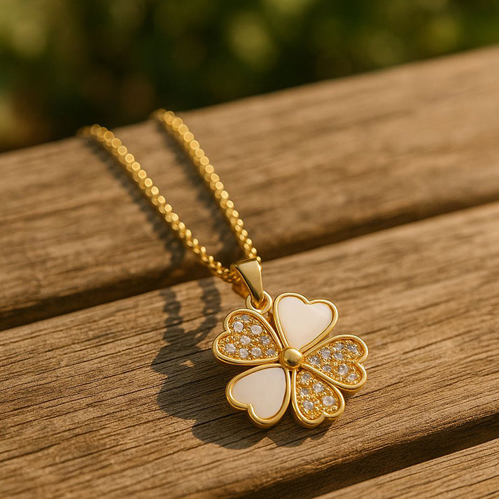 Gold Clover Pendant Necklace – Lucky Charm with Crystals