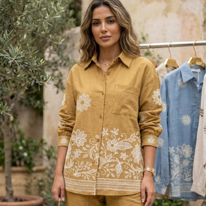Mustard Floral Embroidered Cotton Co-Ord Set