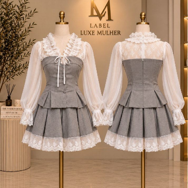 Grey Lace Trim Corset Top & Pleated Mini Skirt Set