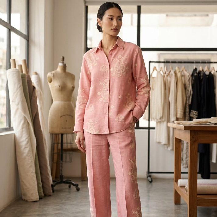 Relaxed-Fit Floral Printed Co-Ord Set with Straight Pants – Blush Pink