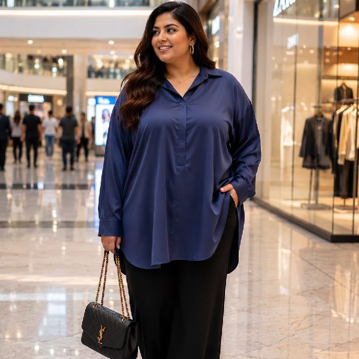 Women's Navy Blue Oversized Satin Shirt | Free Size Longline Relaxed Fit Top