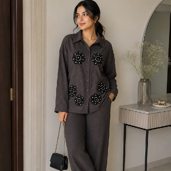 Women's Charcoal Grey Floral Embellished Co-Ord Set | Full Sleeve Button-Down Shirt & Straight Fit Pants