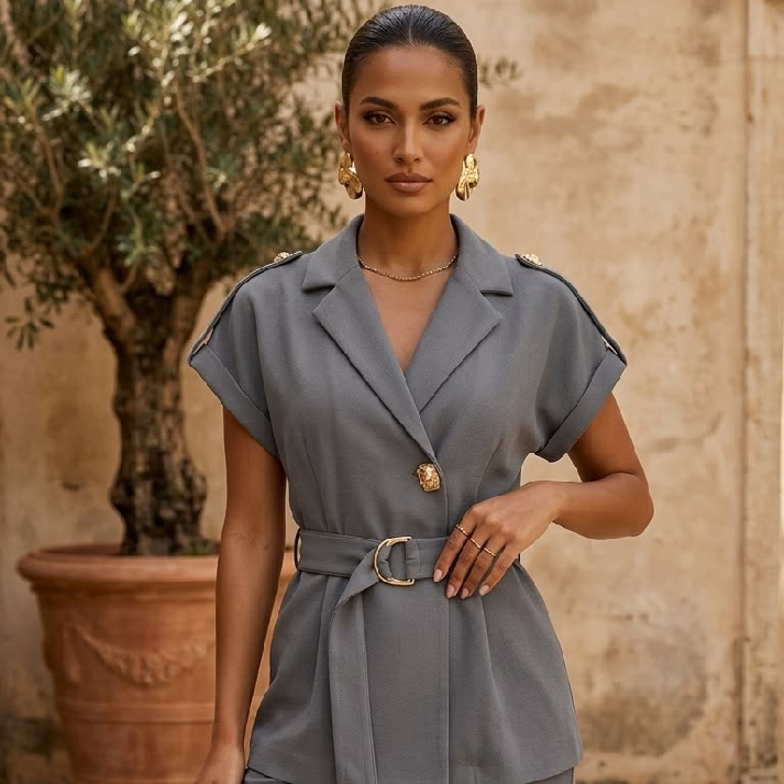 Belted Tailored Co-Ord Set with Wide-Leg Pants – Slate Grey