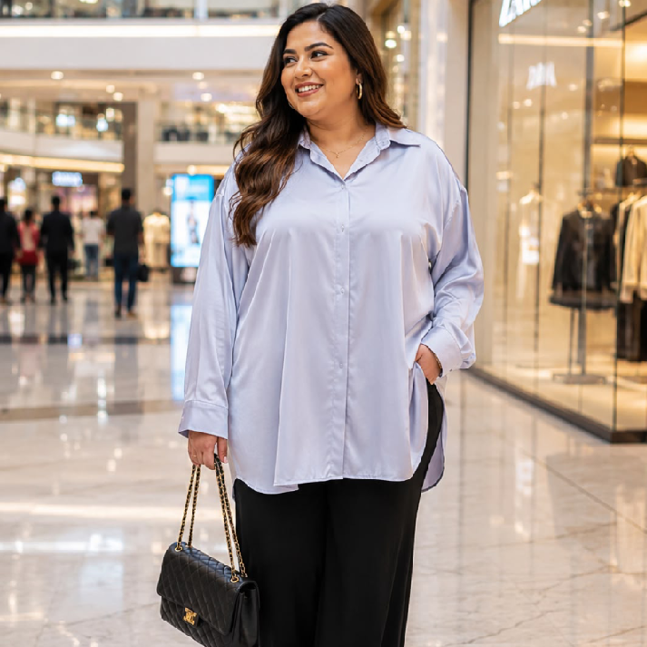 Women's Ice Blue Oversized Satin Shirt | Free Size Longline Relaxed Fit Top