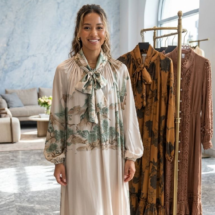 Botanical Tie-Neck Dress