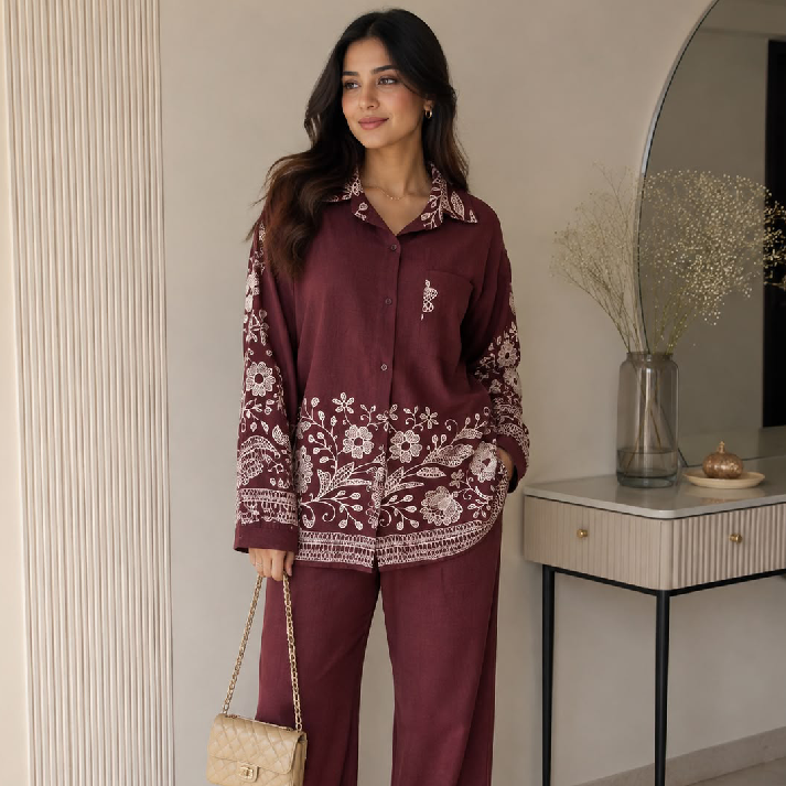 Maroon Floral Printed Co-Ord Set for Women | Premium Casual & Lounge Wear
