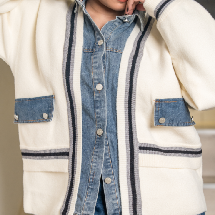 The 'Haute Architect' Hybrid: Structured Knit Cardigan with Dark Denim Contrast
