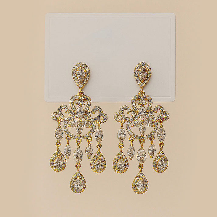 Golden Glamour: Ornate Diamond Drop Earrings in Regal Design