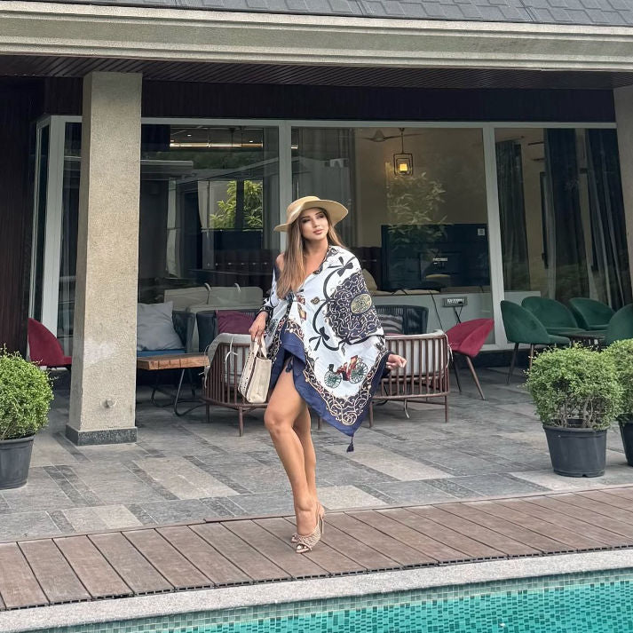 Luxury Silk Scarf in Navy & Gold Baroque Print | Luxe Mulher