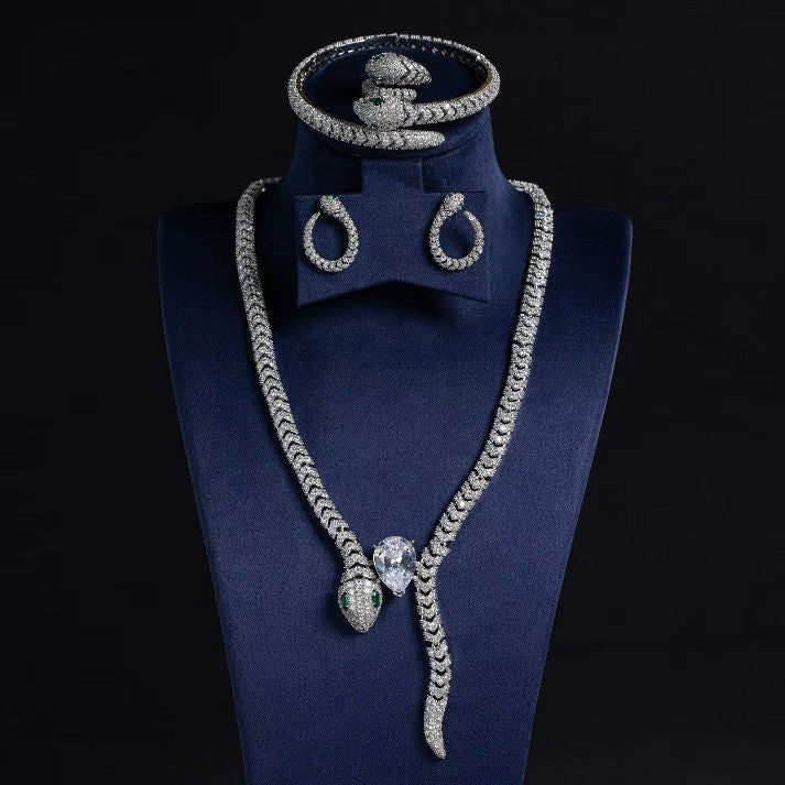 Diamond Snake Design Necklace with Matching Hoop Earrings | Luxe Mulher