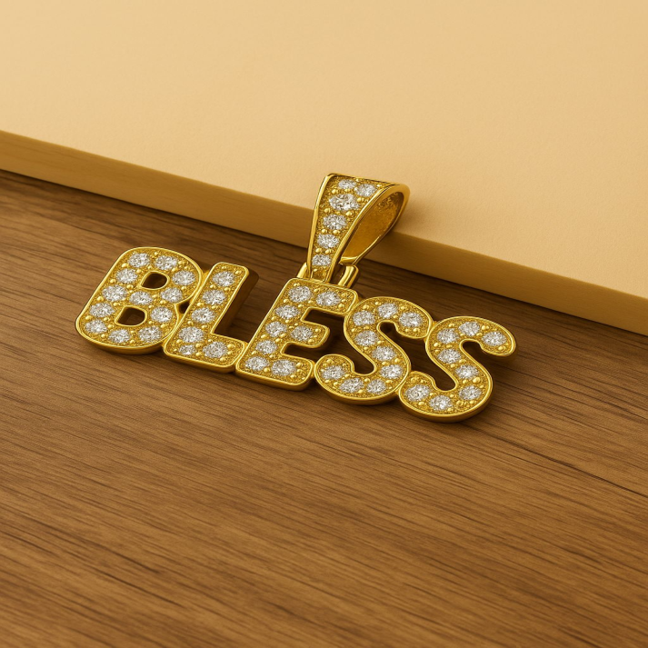 Gold “BLESS” Pendant with Diamonds – Luxury Statement Chain