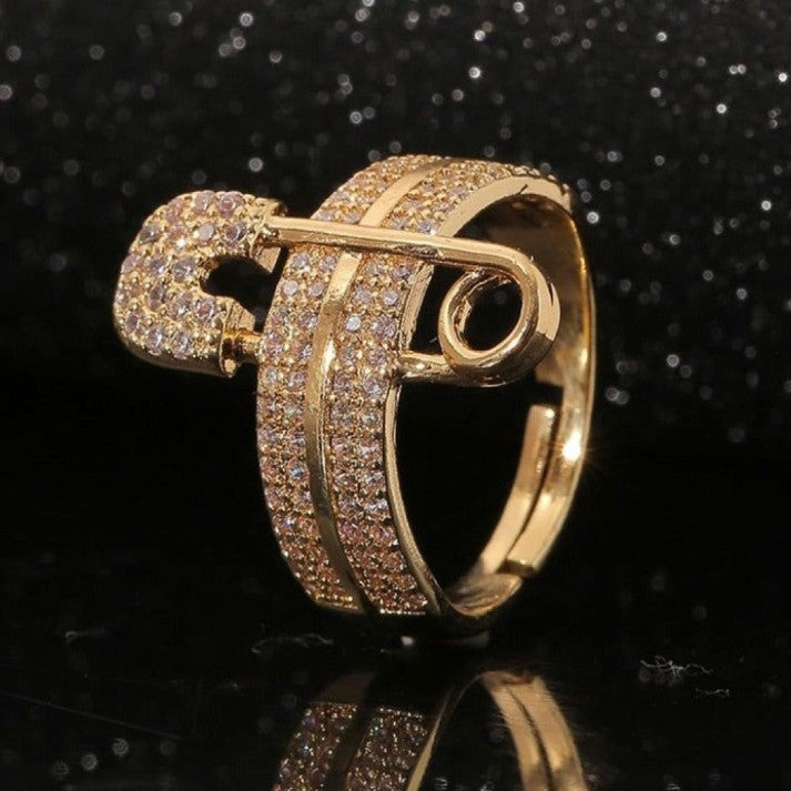 Gold Safety Pin Ring with Diamonds – Trendy Statement Jewelry