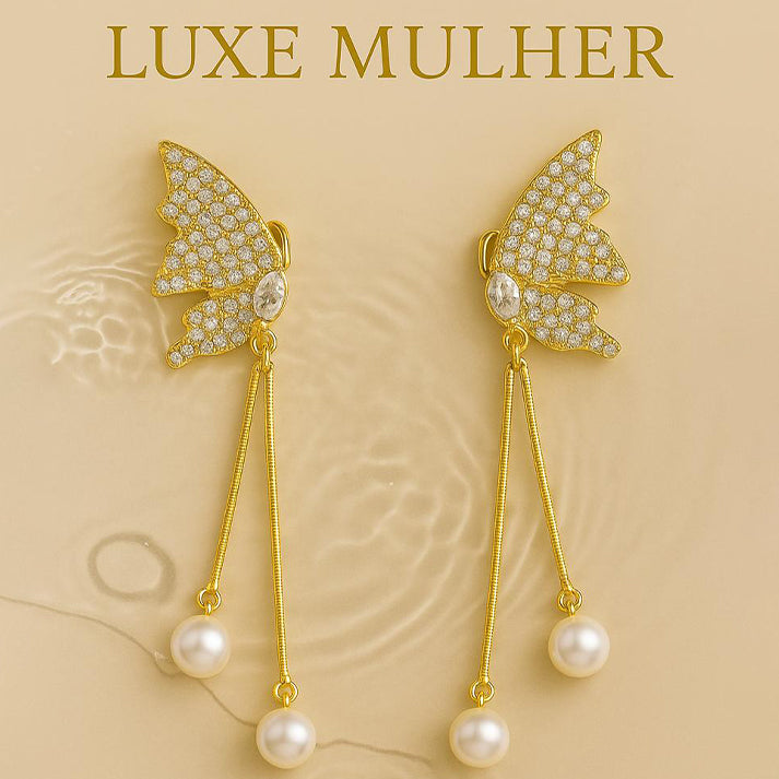 Butterfly Pearl Drop Earrings – Luxe Gold Sparkle Design