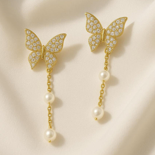 Butterfly Pearl Drop Earrings – Luxe Mulher Elegance