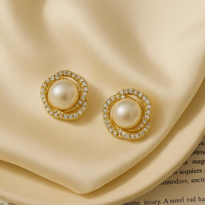 Gold Pearl Stud Earrings with Crystals – Luxe & Elegant