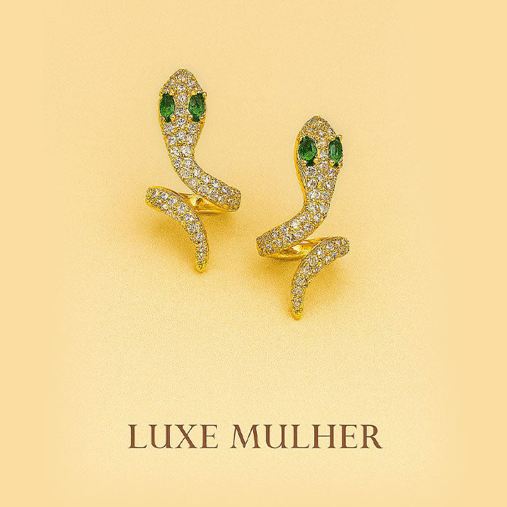 Gold Serpent Statement Earring with Emerald Eyes – Luxe Mulher | Daring Luxury Jewelry