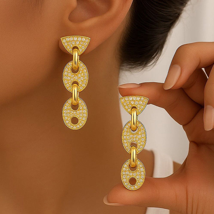 Gold Link Drop Earrings with Pave Crystal Disc Design