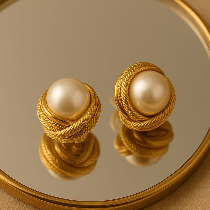 Elegant Gold Knot Pearl Stud Earrings – Timeless Classic