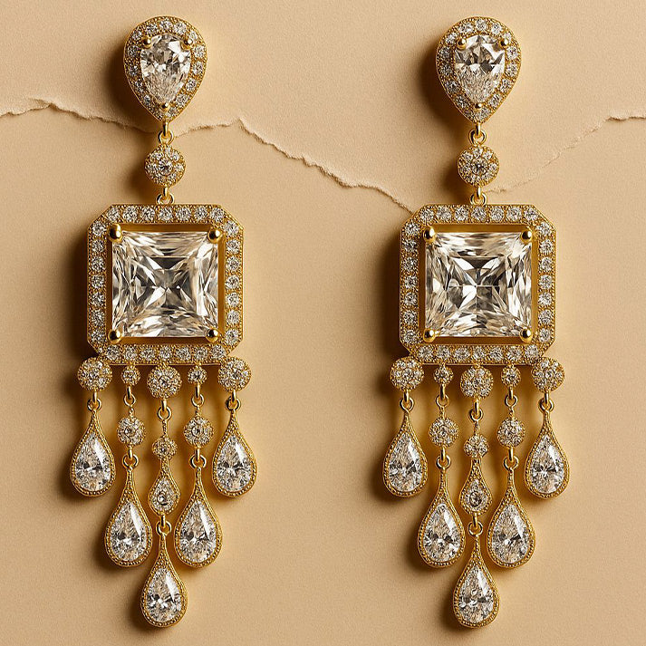 Gold Dangle Earrings with Princess Cut & Teardrop Crystals