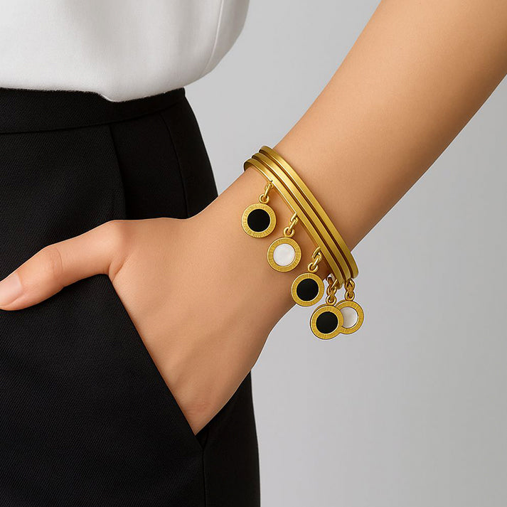 Gold Charm Bangle Bracelet Set – Black & White Accents