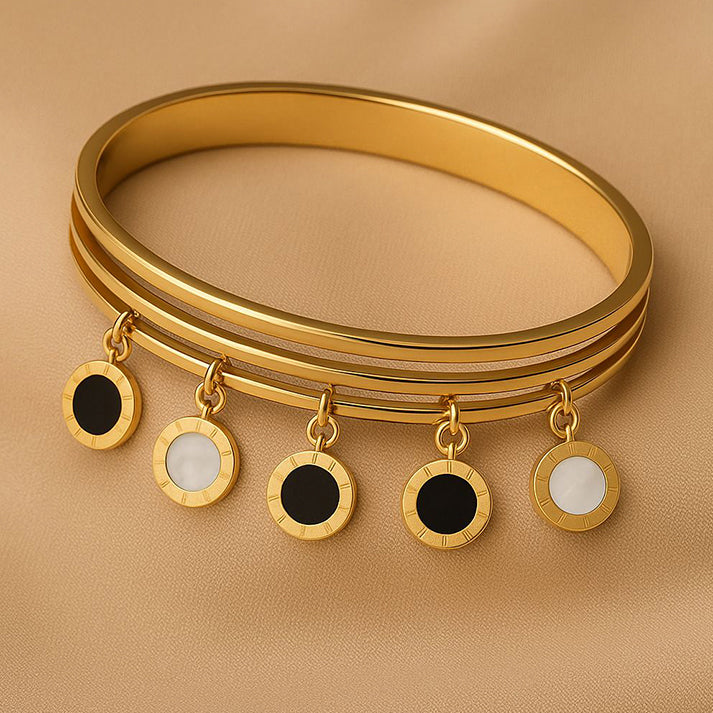 Gold Charm Bangle Bracelet Set – Black & White Accents