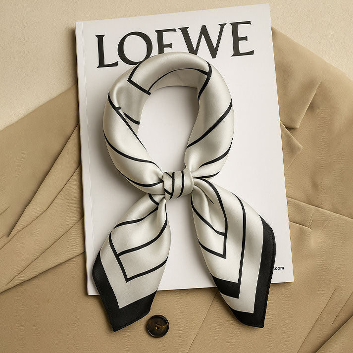 Silky White Satin Wrap with Black Stripes – Elegant Accessory