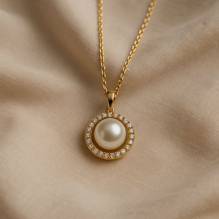 Gold Pearl Pendant Necklace with Crystal Halo Design