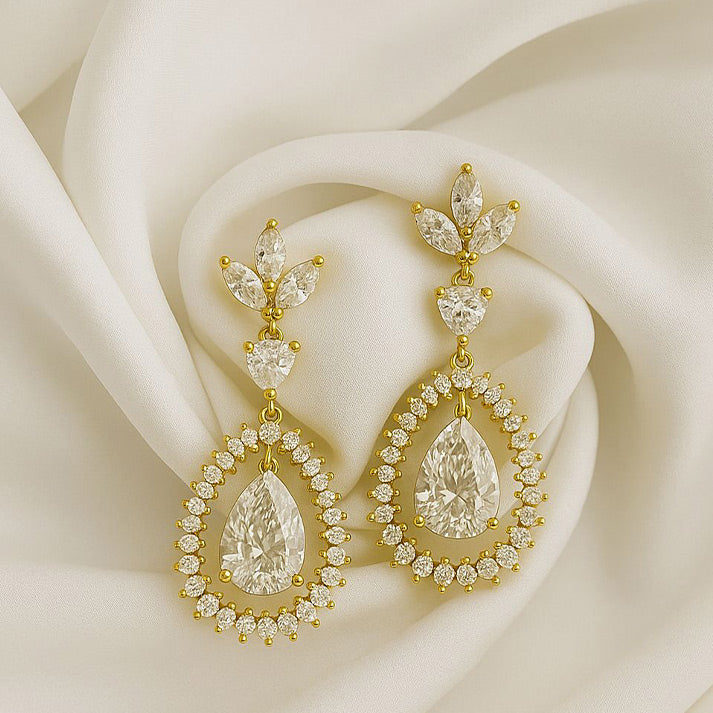 Gold Teardrop Earrings with Marquise & Halo Crystals
