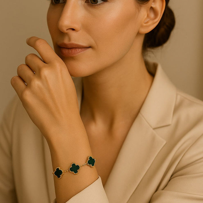 Gold Clover Charm Bracelet with Green Stone