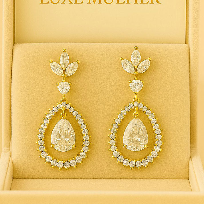Gold Teardrop Earrings with Marquise & Halo Crystals