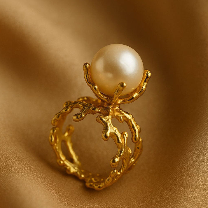 Gold Coral Pearl Statement Ring – Elegant Ocean-Inspired Design