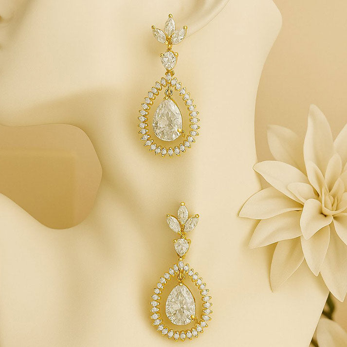 Gold Teardrop Earrings with Marquise & Halo Crystals