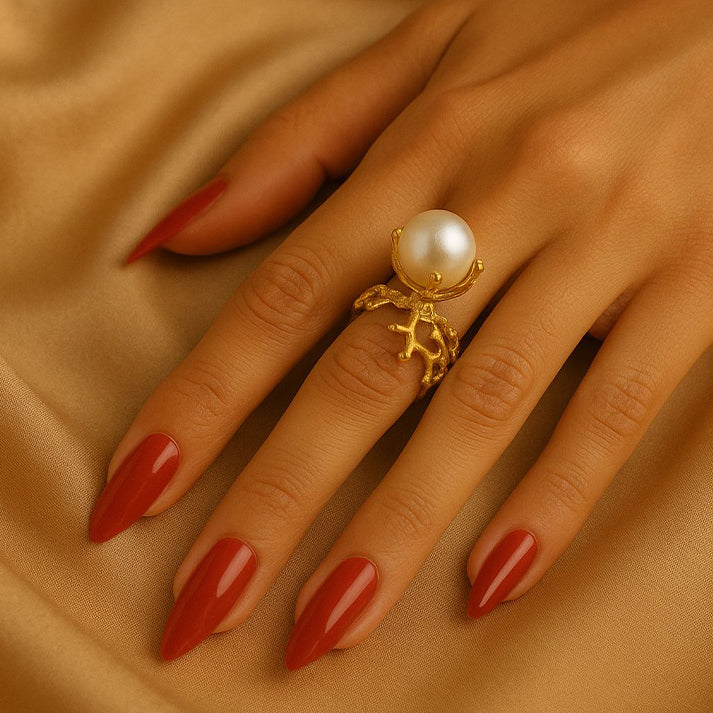 Gold Coral Pearl Statement Ring – Elegant Ocean-Inspired Design