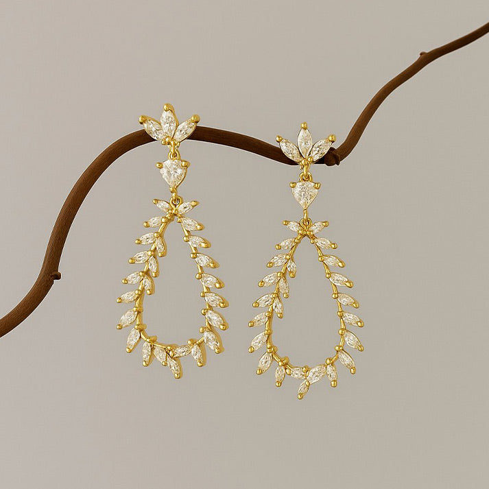 Elegant Leaf Design Gold Drop Earrings with Crystals