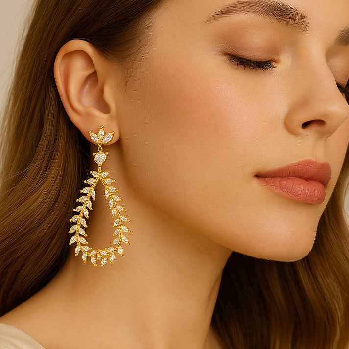 Elegant Leaf Design Gold Drop Earrings with Crystals