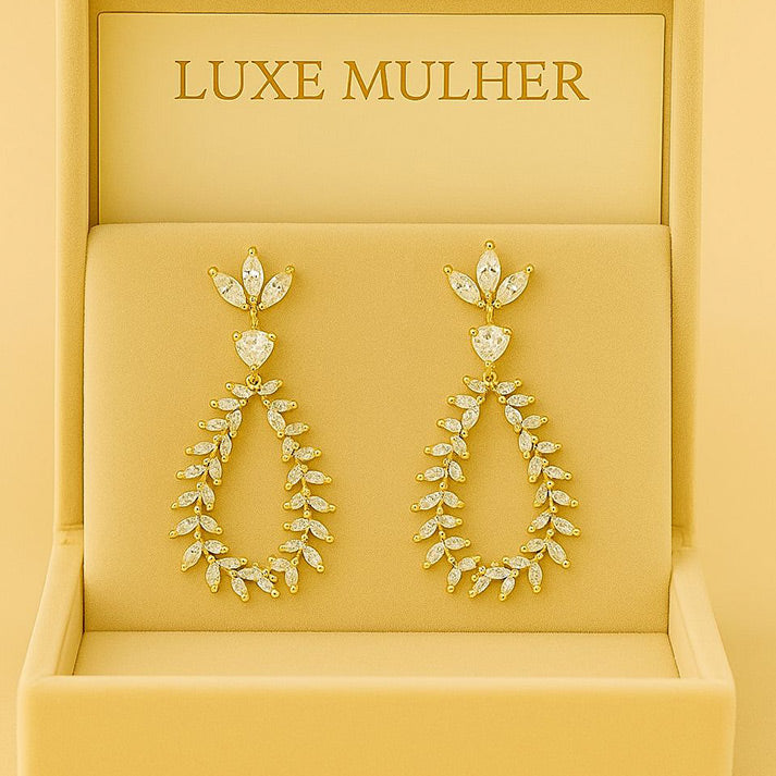 Elegant Leaf Design Gold Drop Earrings with Crystals