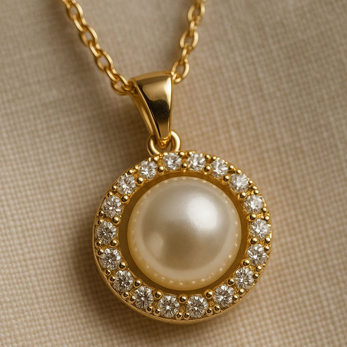 Gold Pearl Pendant Necklace with Crystal Halo Design