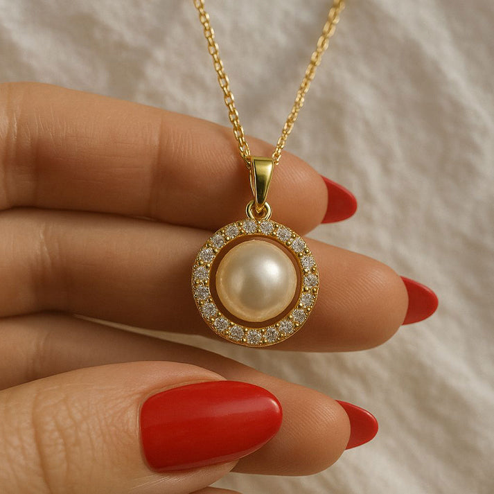Gold Pearl Pendant Necklace with Crystal Halo Design