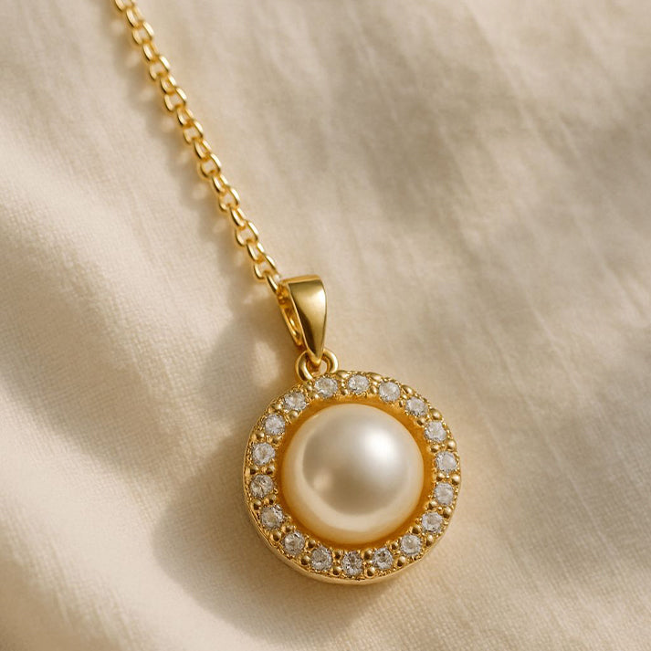 Gold Pearl Pendant Necklace with Crystal Halo Design
