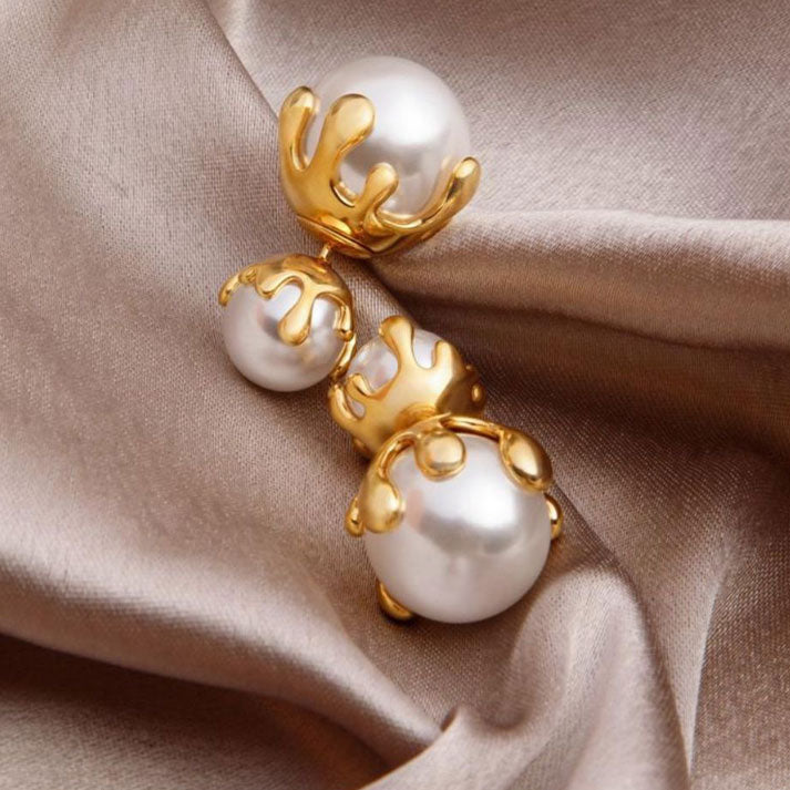 Bold Pearl Drop Earrings with Gold Drip Design – Luxe Mulher | Contemporary Statement Jewelry