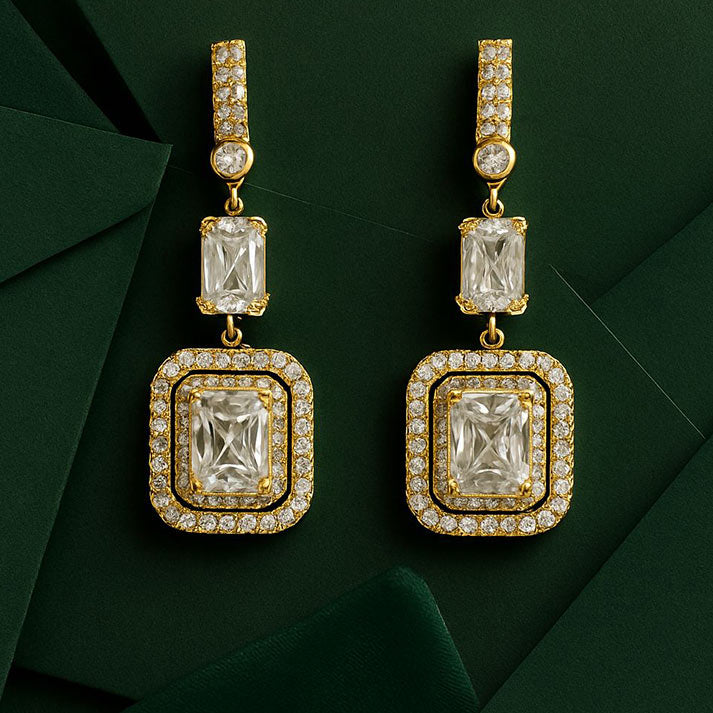 Gold Drop Earrings with Baguette & Halo Crystal Design