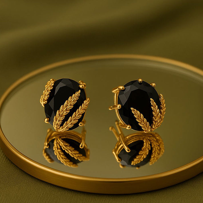 Gold Leaf Black Stone Stud Earrings – Bold & Elegant Look