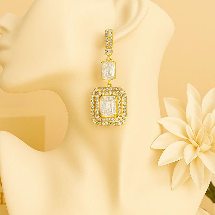 Gold Drop Earrings with Baguette & Halo Crystal Design